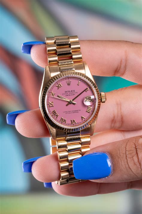 rolex watch pinky ring|Rolex 34 Datejust pink face.